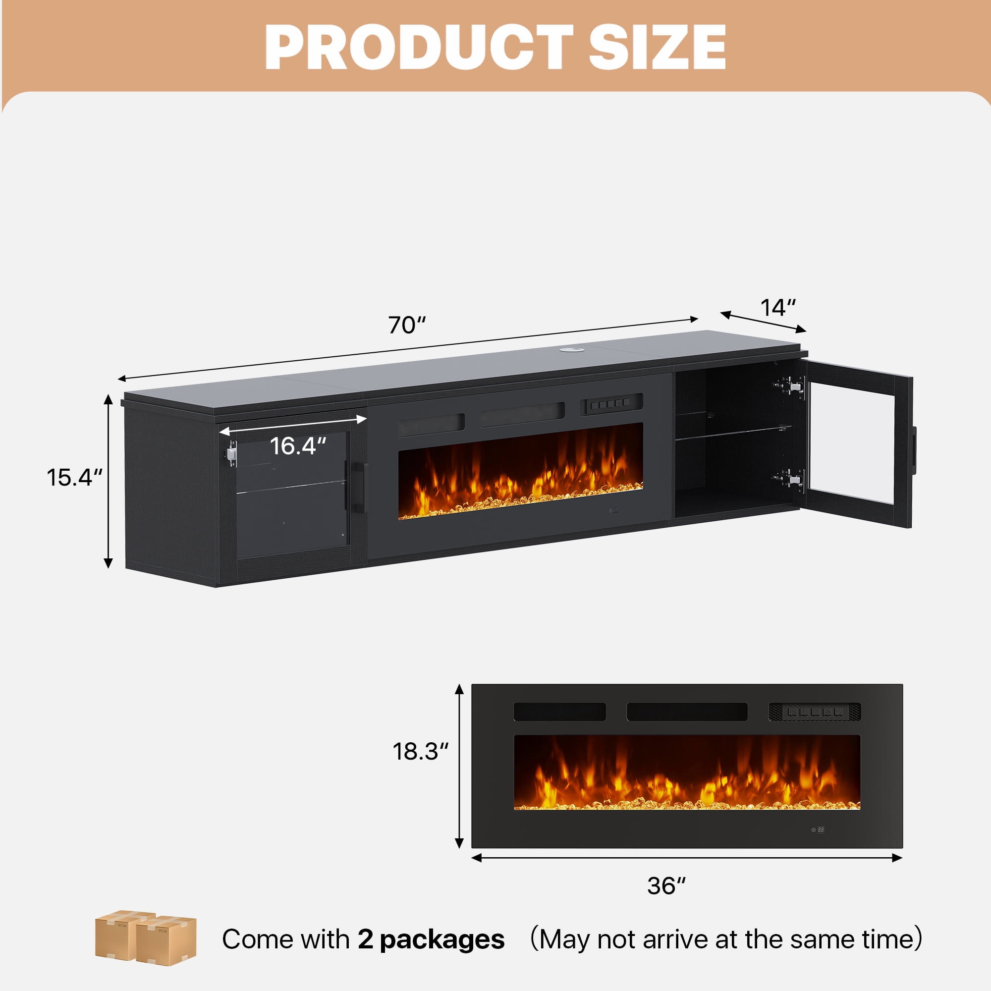 BaPiPro 70" Floating TV Stand for TVs up to 80", Wall Mounted Entertainment Center with 36" Electric Fireplace Heater, LED Lights, Black