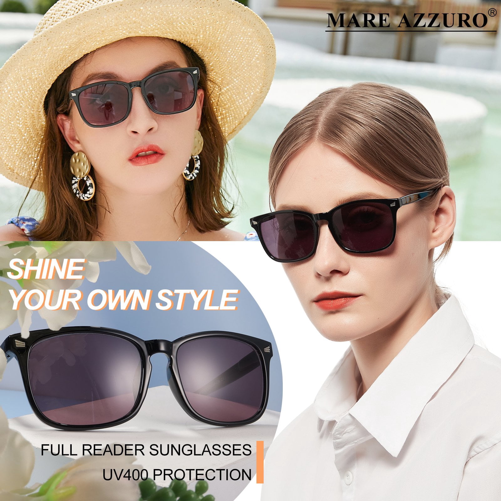 MARE AZZURO Reader Sunglasses for Women Sun Reading Glasses 100 125 150 175 200 225 250 275 300 350 400 (Black, 1.75)