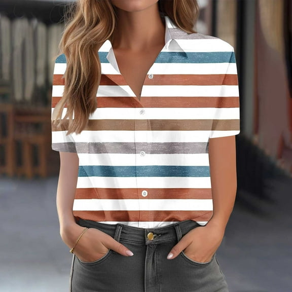 QUNYINEY Striped Women Button Down Shirts Casual Collared Short Sleeve Blouses Loose Womens Blouse