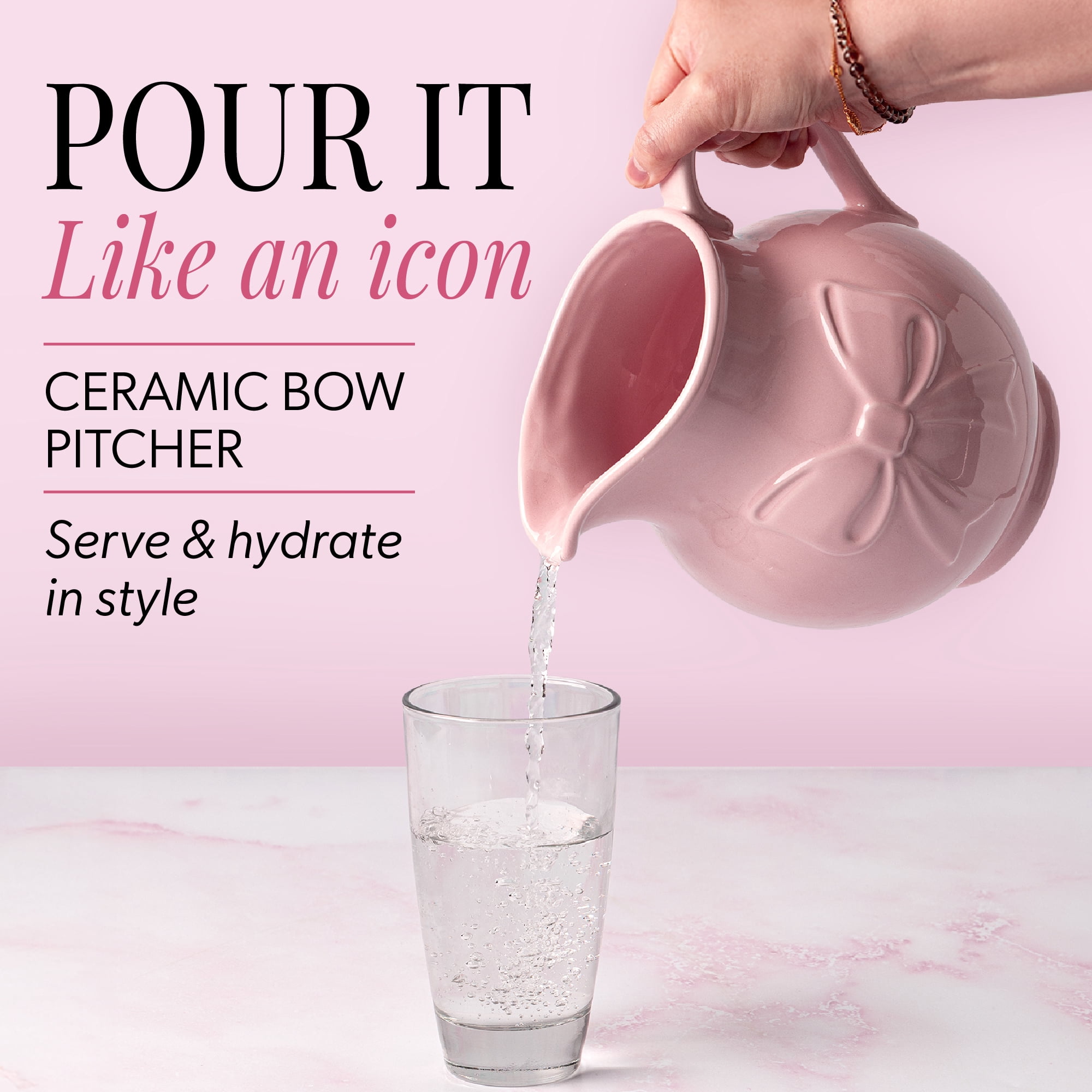 Paris Hilton Ceramic Stoneware Pitcher, 2.5-Quart, Bow Design, Microwave and Dishwasher Safe, London Pink