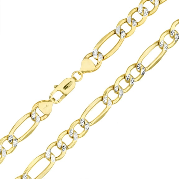 Nuragold 14k Real Yellow Gold Solid Figaro Link 7.5mm Diamond Cut Pave Chain Necklace (20"-30") Two Tone Italian Jewelry for Men