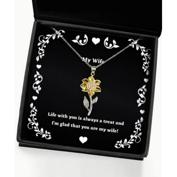 Wife Gifts for Wife, Life with You is Always a Treat and I'm Glad That You are My!, Perfect Wife Sunflower Pendant Necklace, from Husband