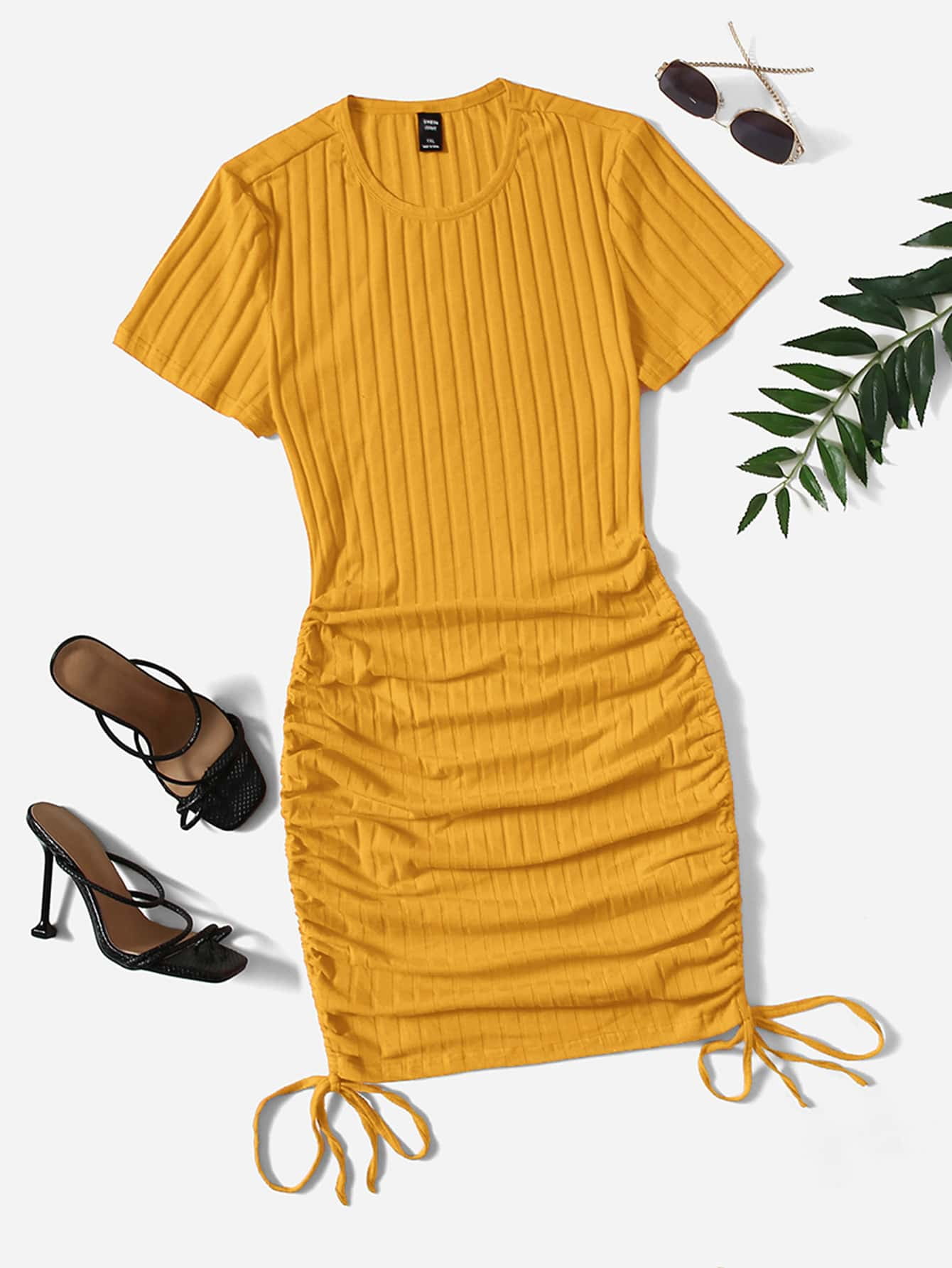 Drawstring Side Rib knit Bodycon Dress 
