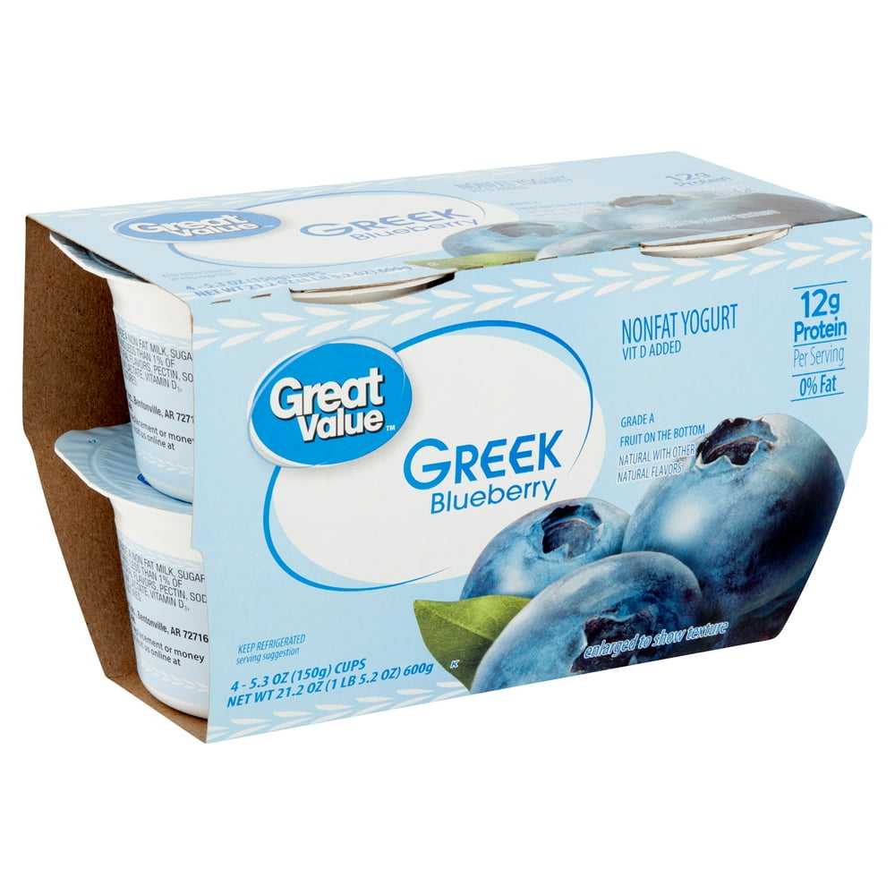 Great Value Greek Blueberry Nonfat Yogurt, 5.3 oz, 4 count Walmart