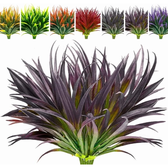 8-Pack Outdoor Fake Plants – UV Resistant Artificial Greenery & Shrubs – Faux Tall Grass & Tropical Flowers for Planters, Patio, Porch & Front Door – Deep Purple Green – All-Season Decor
