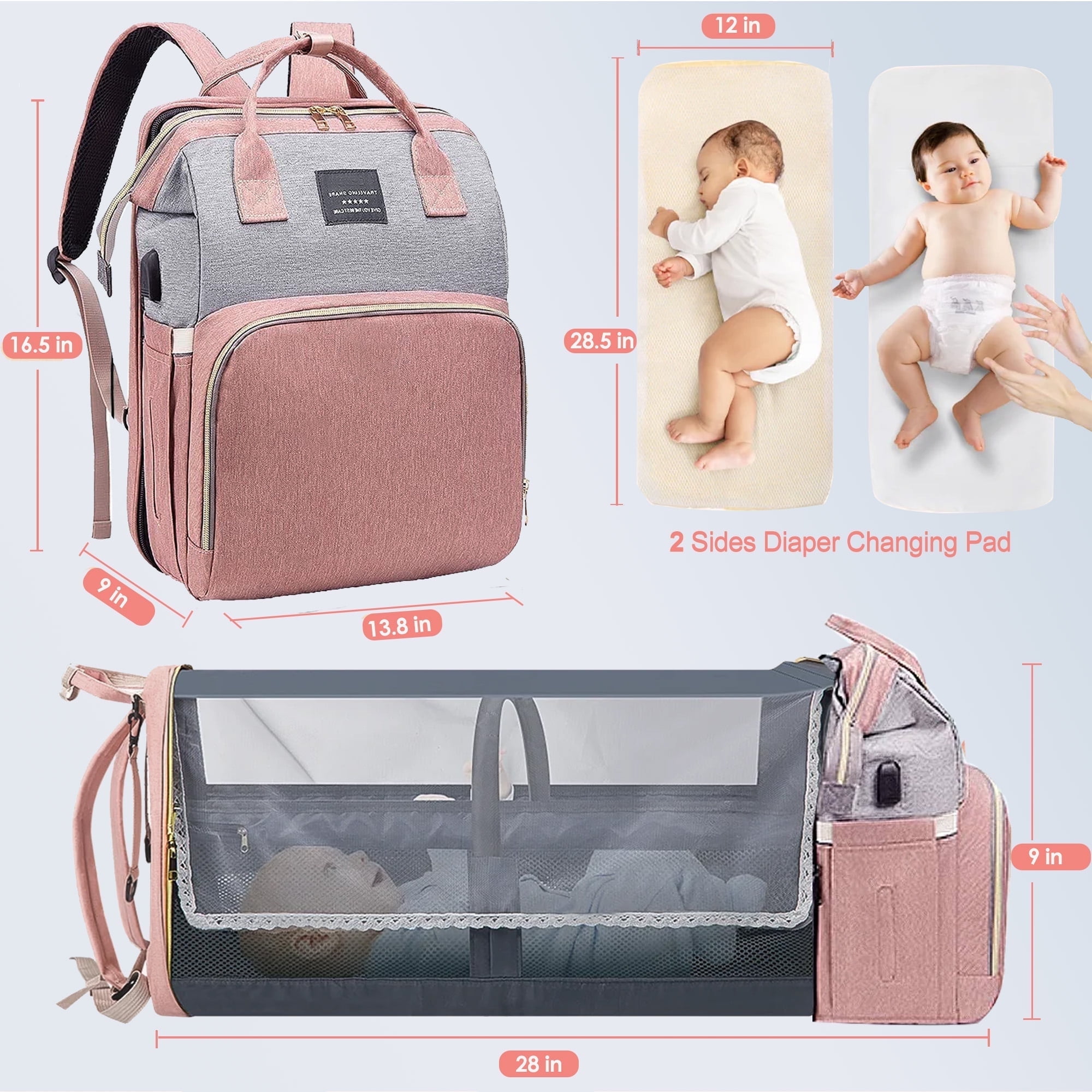Anoak Baby Diaper Bag Backpack with Changing Station, Large Capacity Baby Bag, Waterproof Travel Backpack with USB Charging Port, Stroller Straps , Baby Shower Gifts