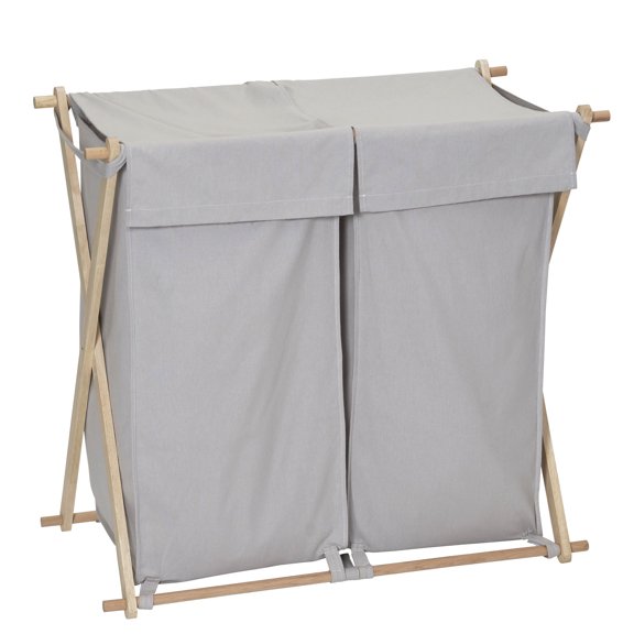 Household Essentials X-Frame Wood Laundry Sorter, Collapsible Wood Frame with Washable Grey Poly-Cotton Bags, Naturally Stylish