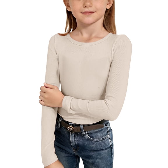 Girls Thermal Shirt, Comdrip Girls Long Sleeve Shirts Crew Neck Pullover Slim Fit Tops Casual Tee Shirt 5-14 Years Girls Ribbed Long Sleeve Shirt Beige 120