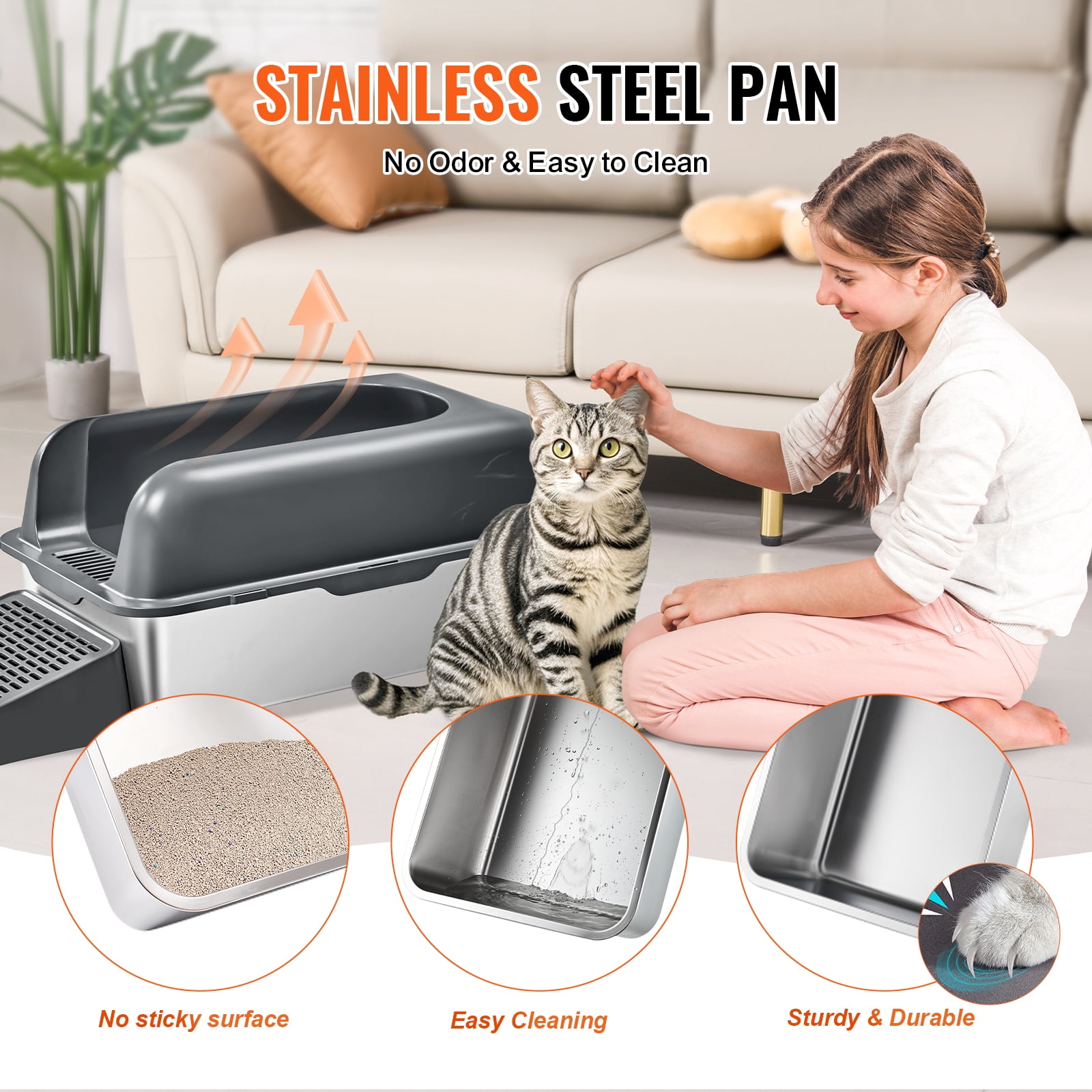 VEVOR Cat Litter Box, 6 inches Deep, XL Extra Large Stainless Steel Cat Litter Box with Scoop, Wide Filtering Foot Board & High Sides, Enclosed Odor-Free Easy-to-Clean Litter Box, Fit for Big Cats