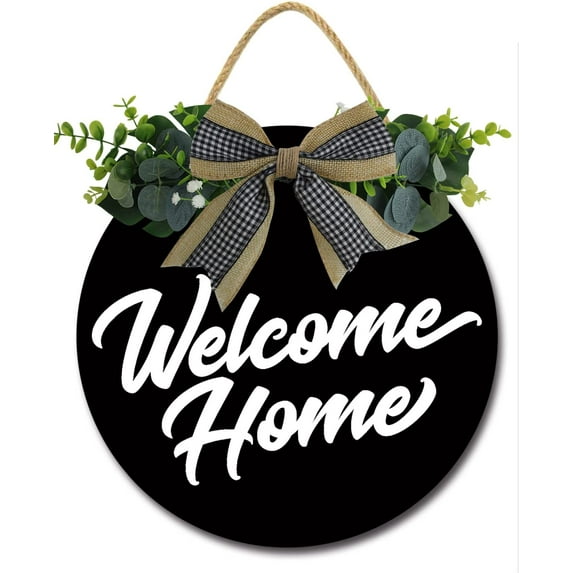 Eveokoki 11" Welcome Sign for Front Door Porch Farmhouse Wreaths Hanging Wooden Round Sign Wall Decor for Home Christmas Decoration Housewarming Gift Black