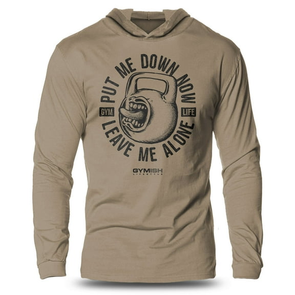 GYMISH Put Me Down Now Lightweight Long Sleeve Hooded T-Shirt for Men – Funny Gym Hoodie, Workout Shirt for Lifters & Bodybuilders
