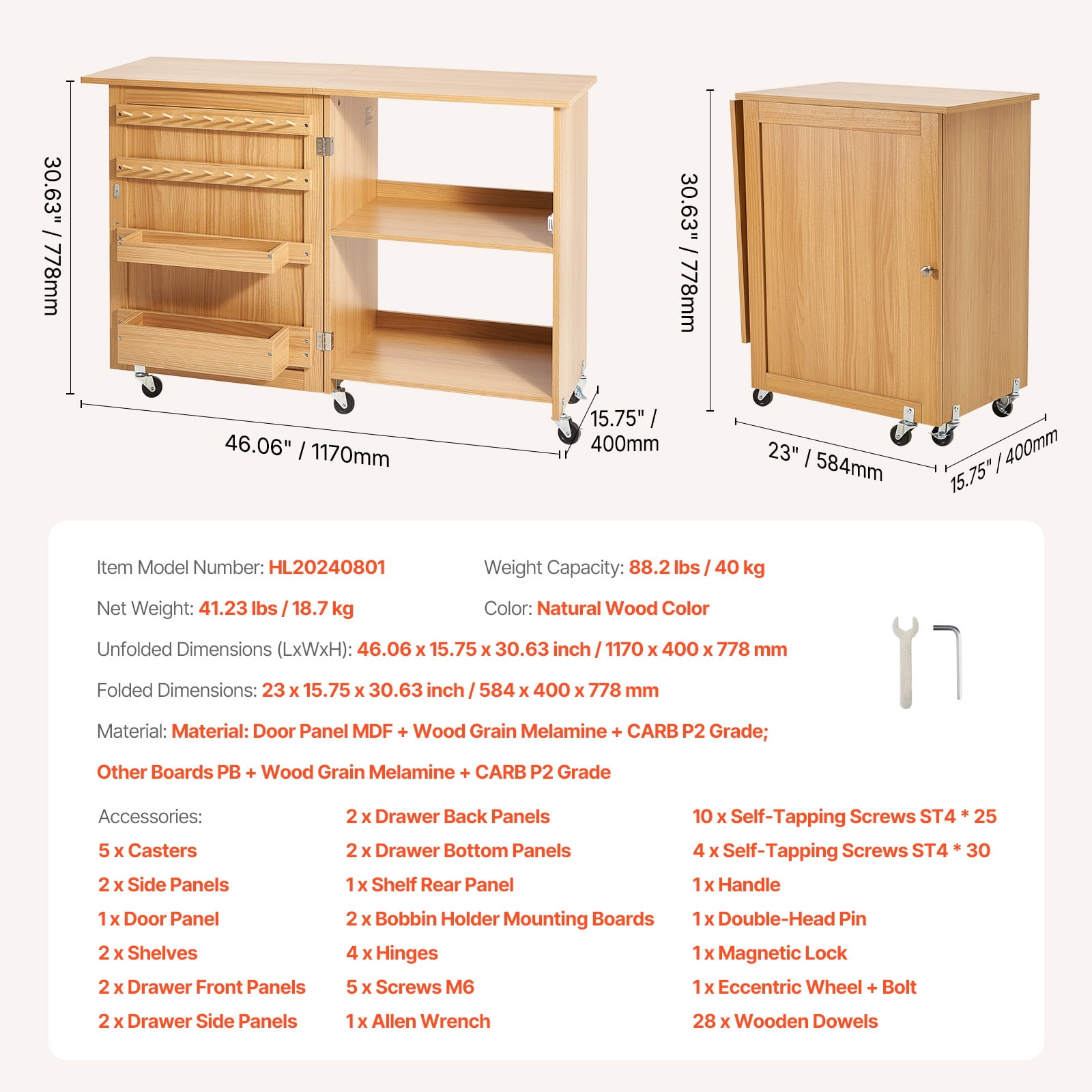 VEVOR Folding Sewing Table, Multipurpose Sewing Machine Table with Compact Design, Wheels, Shelves, Storage Trays, Wooden Pegs, and Magnetic Doors, Sewing Desk Cabinet for Sewing Machine, Wood Color