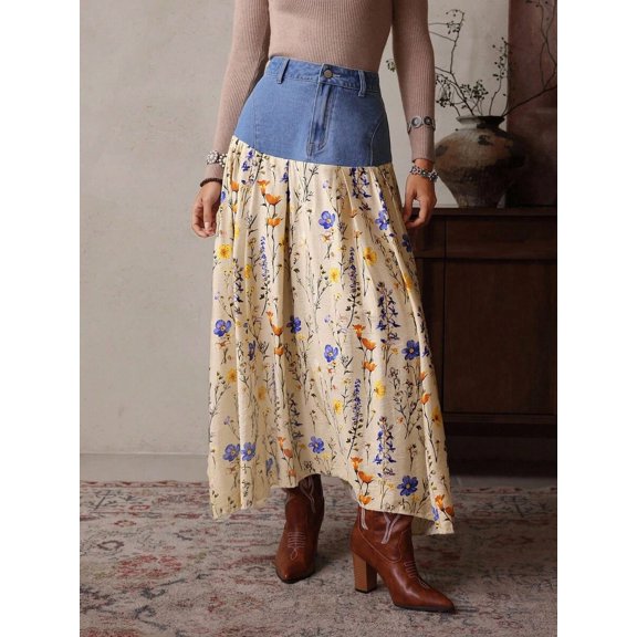 Womens Blue Denim Waist Floral Patchwork Maxi Skirt Casual Bohemian Style