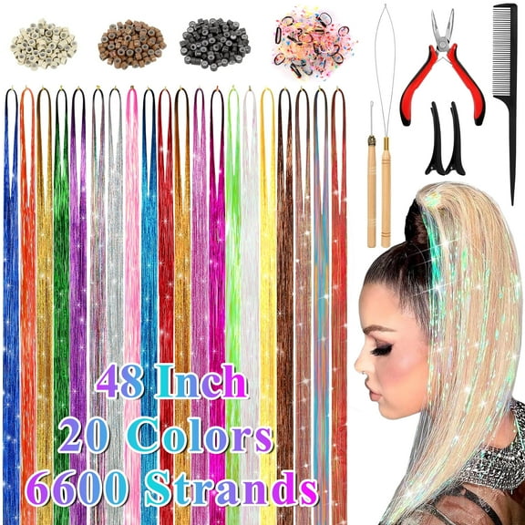 Yalumo 20 Colors Hair Tinsel Kit, 48 Inch 6600 Strands Glitter Fairy Hair Tinsel Extensions with Tools, Heat Resistant Holographic Hair Accessories for Women, Girls