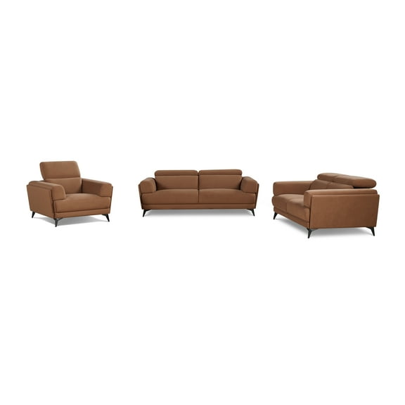3-piece Contemporary Sofa Loveseat and Chair Living Room Set with Adjustable Headrest, Brown