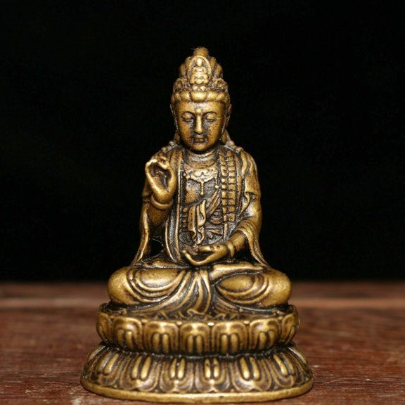 Brass Handwork Vintage Collectible Chinese Lotus Kwan-Yin Bodhisattva Statue