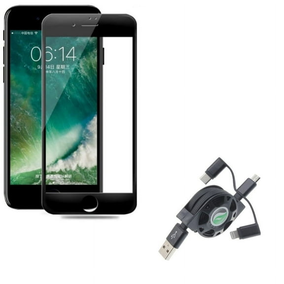 iPhone 8/7/6S/6 - Ceramics Screen Protector w Retractable USB Cable - Matte Black 3D Curved Edge Full Cover Anti Glare, Charger Power Cord 3-in-1 Wire for iPhone 8/7/6S/6