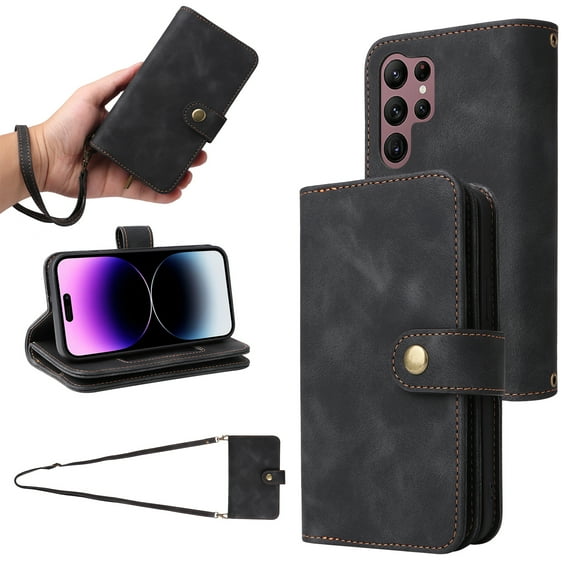ELEHOLD for Samsung Galaxy S23 Ultra Wallet Case, PU Leather 6 Card Slots Removable Adjustable Crossbody Necklace Lanyard Shoulder Strap Zipper Bag Anti-Falling Rugged Case for S23 Ultra,Black
