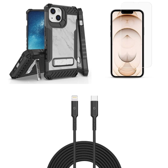 Bemz iPhone 13 Mini Bundle: Tri Shield Military Grade Armor Rugged Case (White Marble), Premium Glass Screen Protectors (2-Pack), USB-C to Lightning Cable (3.3ft/1m)