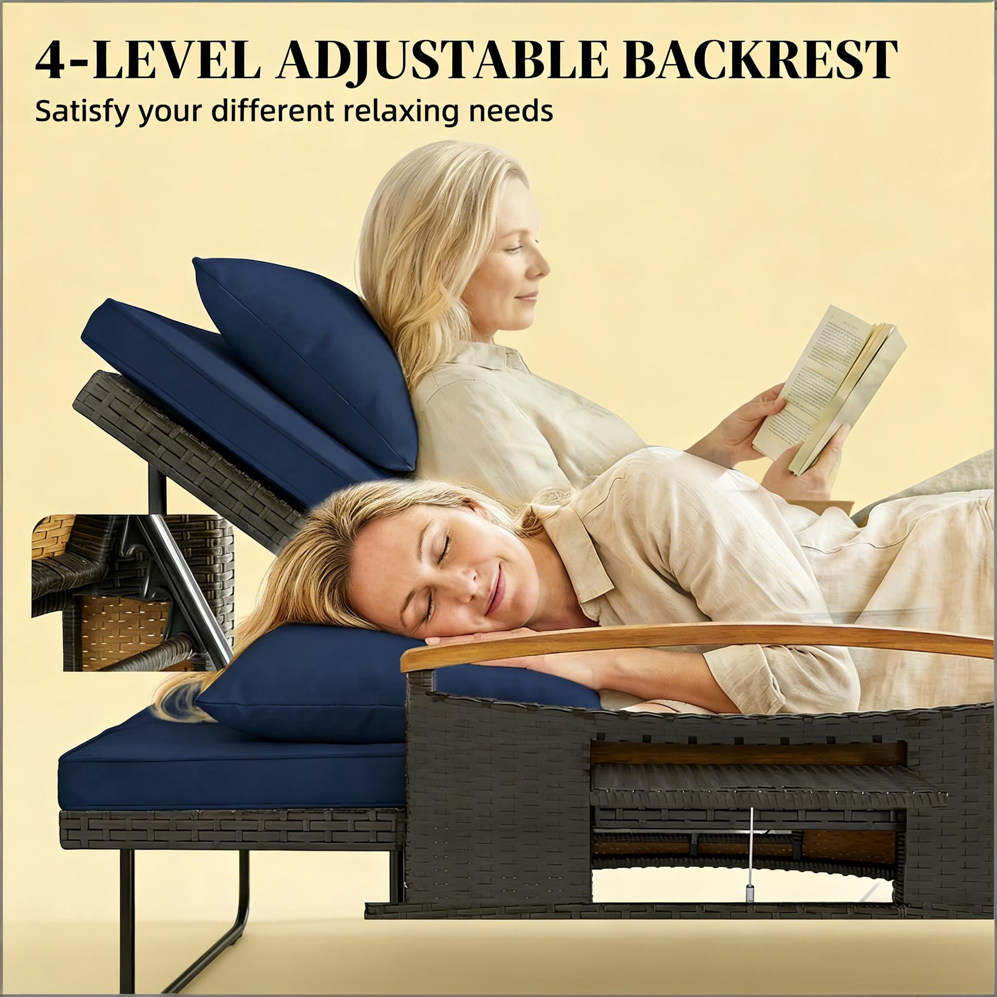 4-in-1 Rattan Outdoor Daybed with 4-Level Adjustable Backrest, Storage Ottoman and Side Tables