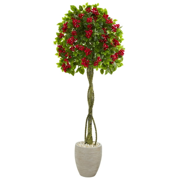 Nearly Natural 5.5 ft. Bougainvillea Topiary Artificial Tree in Sand Colored Planter