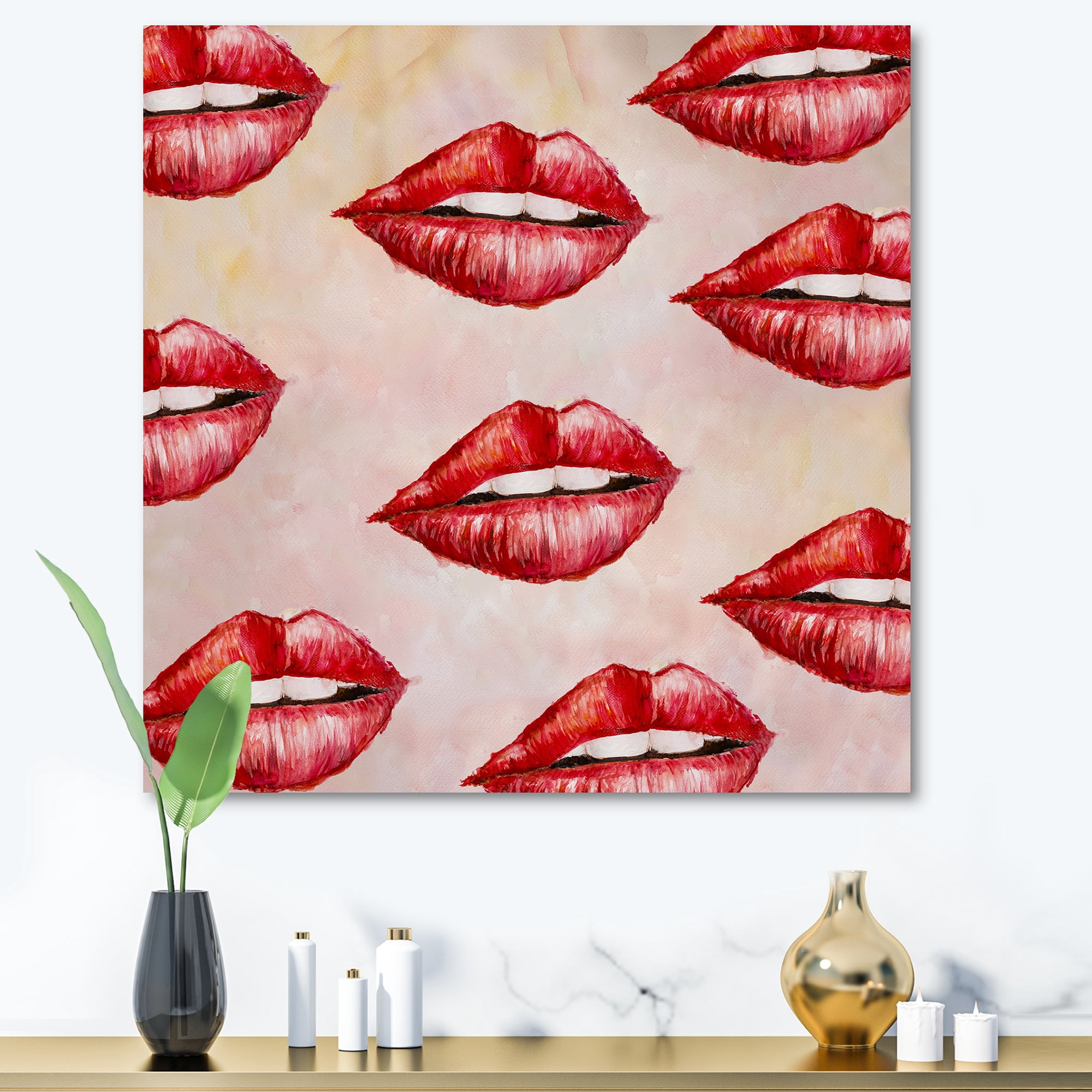 Designart ' Red Girl Lips Pattern ' Modern Canvas Wall Art Print