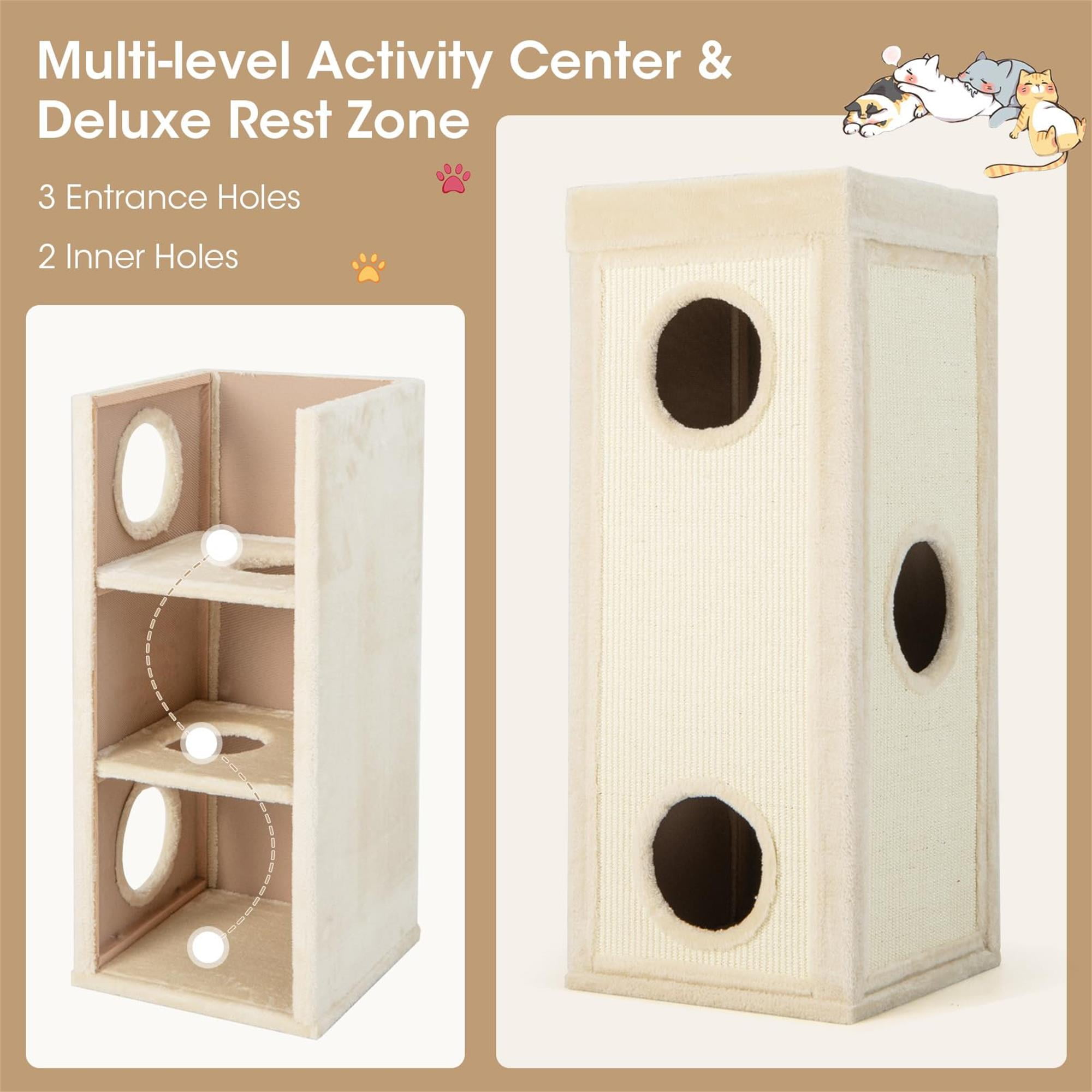 Kadyn 39" Indoor Cat Cave Bed, Cat House Scratcher Furniture, Cat Condo with Scratching Posts, 3 Hideaways, 4 Soft Plush Cushions, Beige