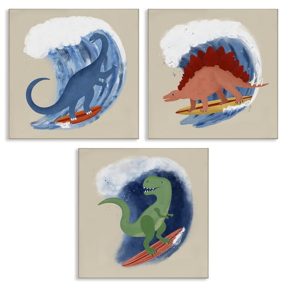 Stupell Industries Dinos Surfing Beach Waves Animals Painting Wrapped Canvas Art Print Wall Art, 17 x 17, Set of 3