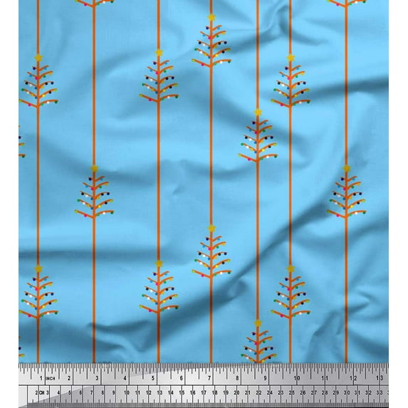 Soimoi Blue Crepe Silk Fabric Dot,Star & Stripe Print Fabric by Yard 42 Inch Wide