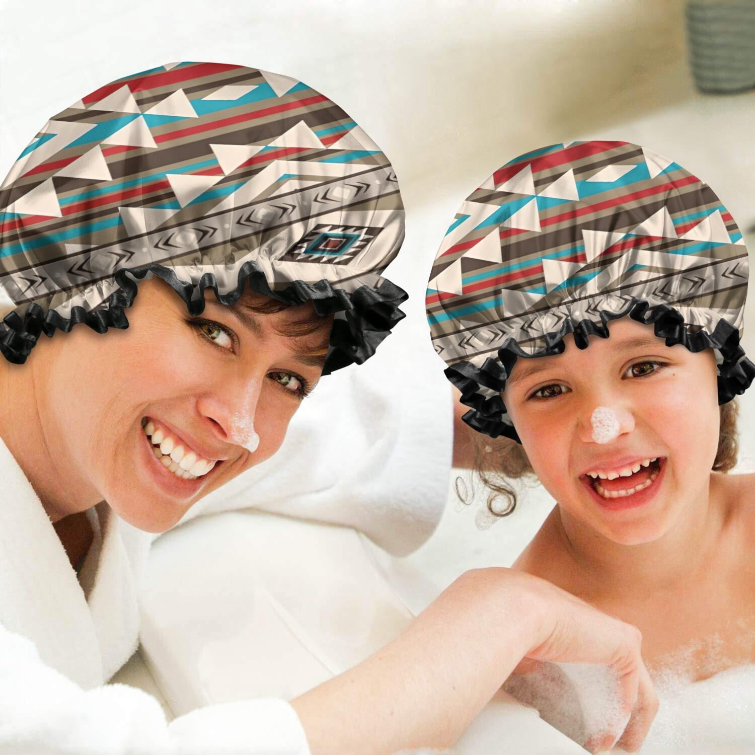 Shower Caps,Brown Triangular Geometric Pattern Waterproof Shower Cap for Women 4 Pieces,Double Reusable Hair Cover for Shower PEVA Elastic Stretch Hem