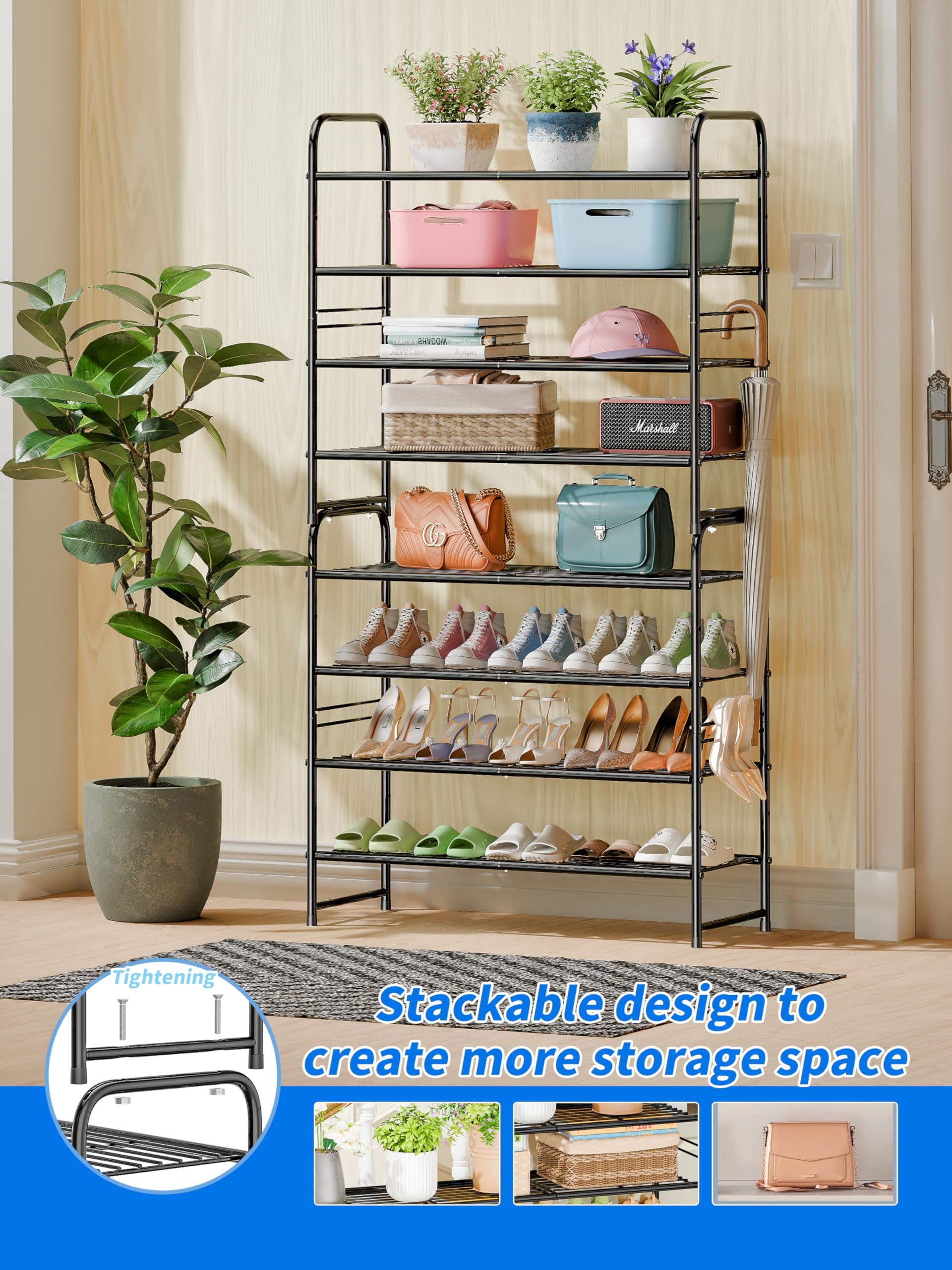 SUFAUY 4 Tier 33" Wide Shoes Rack Stackable, Metal Wire, Black
