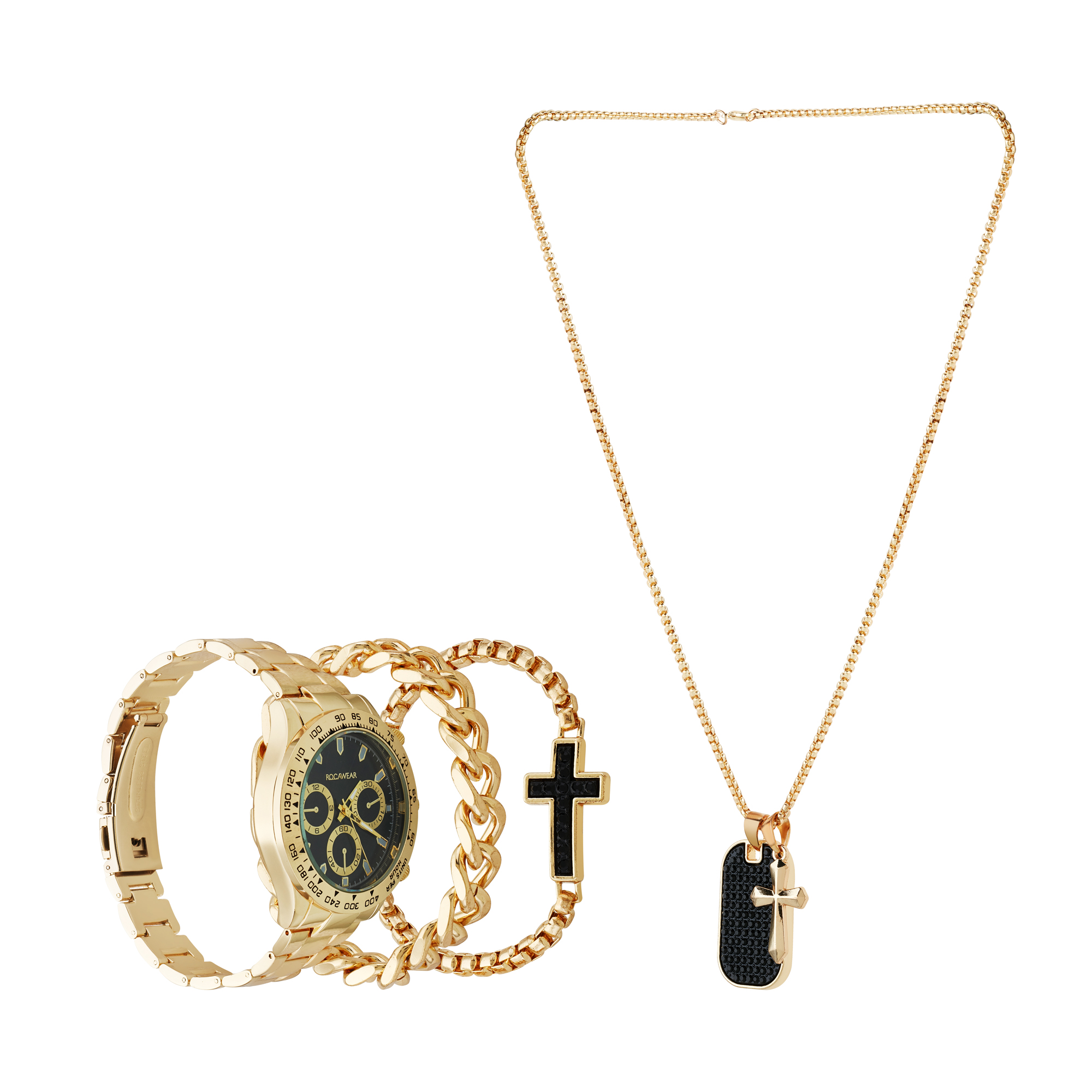 Rocawear Men's Quartz Metal Analog Watch w/ Necklace & Bracelet Set, Matte Black/Shiny Gold