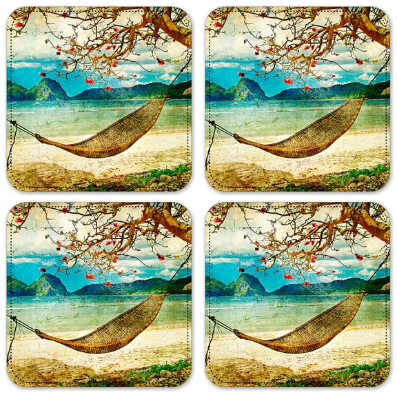 Vinyl Drink Coasters - Set of 4 - Hammock by the Beach