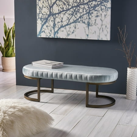 - Nash Modern Glam Velvet Bench, Iron Frame, Side Channels, Seafoam Blue and Brass