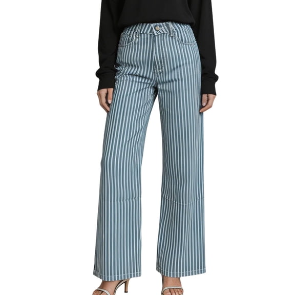 Womens Striped Denim Jeans Button Zip Fly With Pockets For Fashion Everyday Wear Denim Pants For Women