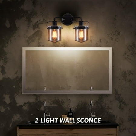 

Lantern Wall Sconce Farmhouse Light Fixture with Glass Shade for 60W Bulbs Black- 2-Light Sconce