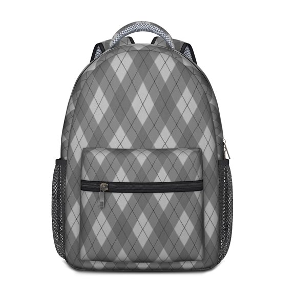 Gray and White Checkered Pattern Backpack for School, Cute School Bag with Adjustable Shoulder Straps and Padded Back, 15.3"x11"x6.7"