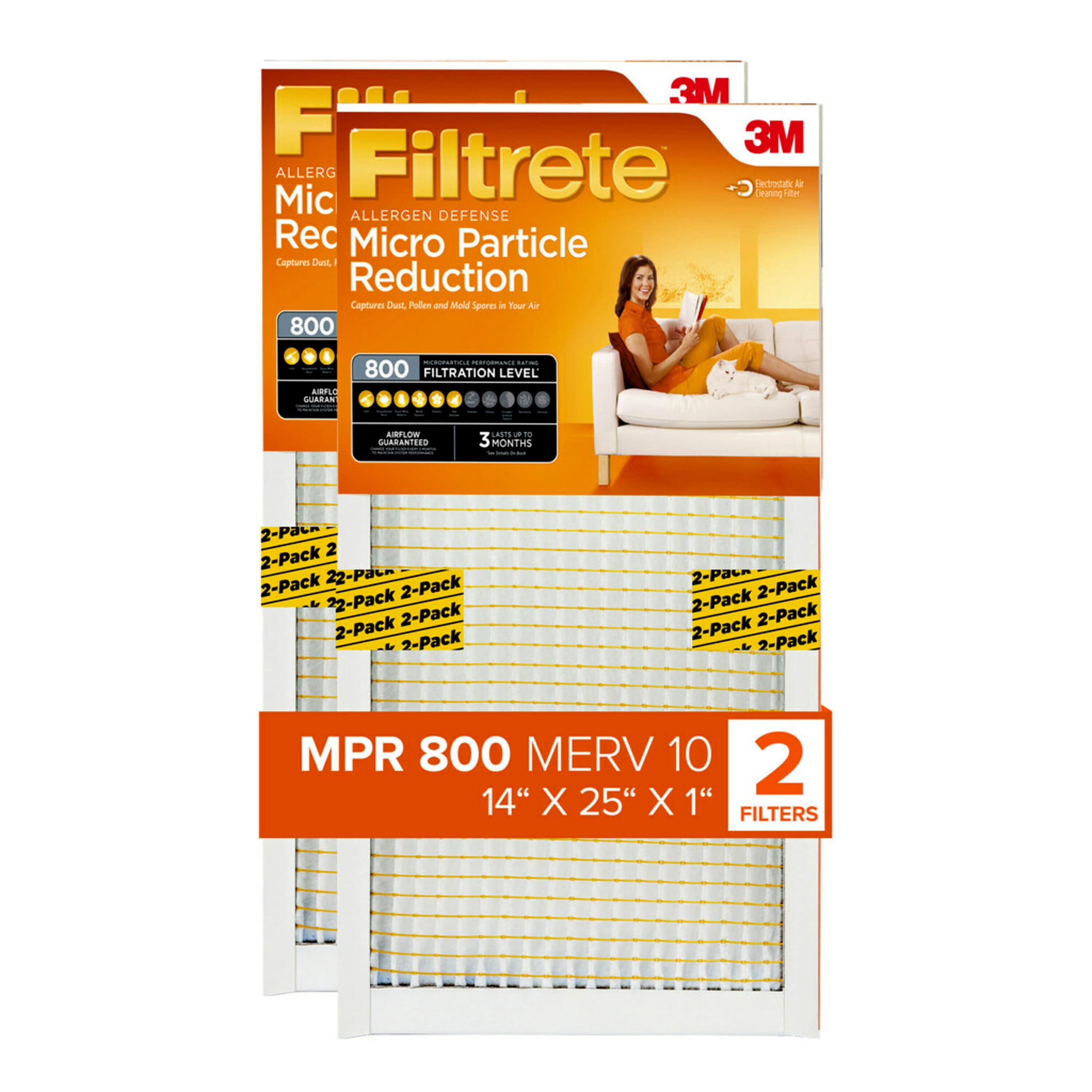 Filtrete by 3M, 14x25x1, MERV 10, Micro Particle Reduction HVAC Furnace Air Filter, Captures Pet Dander and Pollen, 800 MPR, 2 Filters