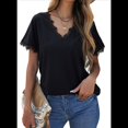 thumbnail image 2 of Blusas de Verano con Ribete de Encaje para Mujer, Cuello en V, Corta, Blusas, Camisetas Básicas Informales, Color Negro, Talla S, 2 of 6