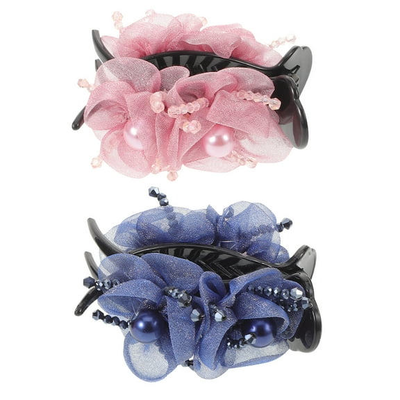 UPOUART 2 Pcs High Ponytail Hair Clips for Thick Hair with Beads and Floral Design, Hair Accessories for Women