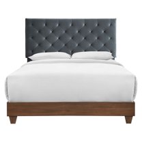 Tufted Bed Frame, Queen Size, Velvet, Wood, Brown Walnut Grey Gray, Modern Contemporary Urban Design, Box Spring Required