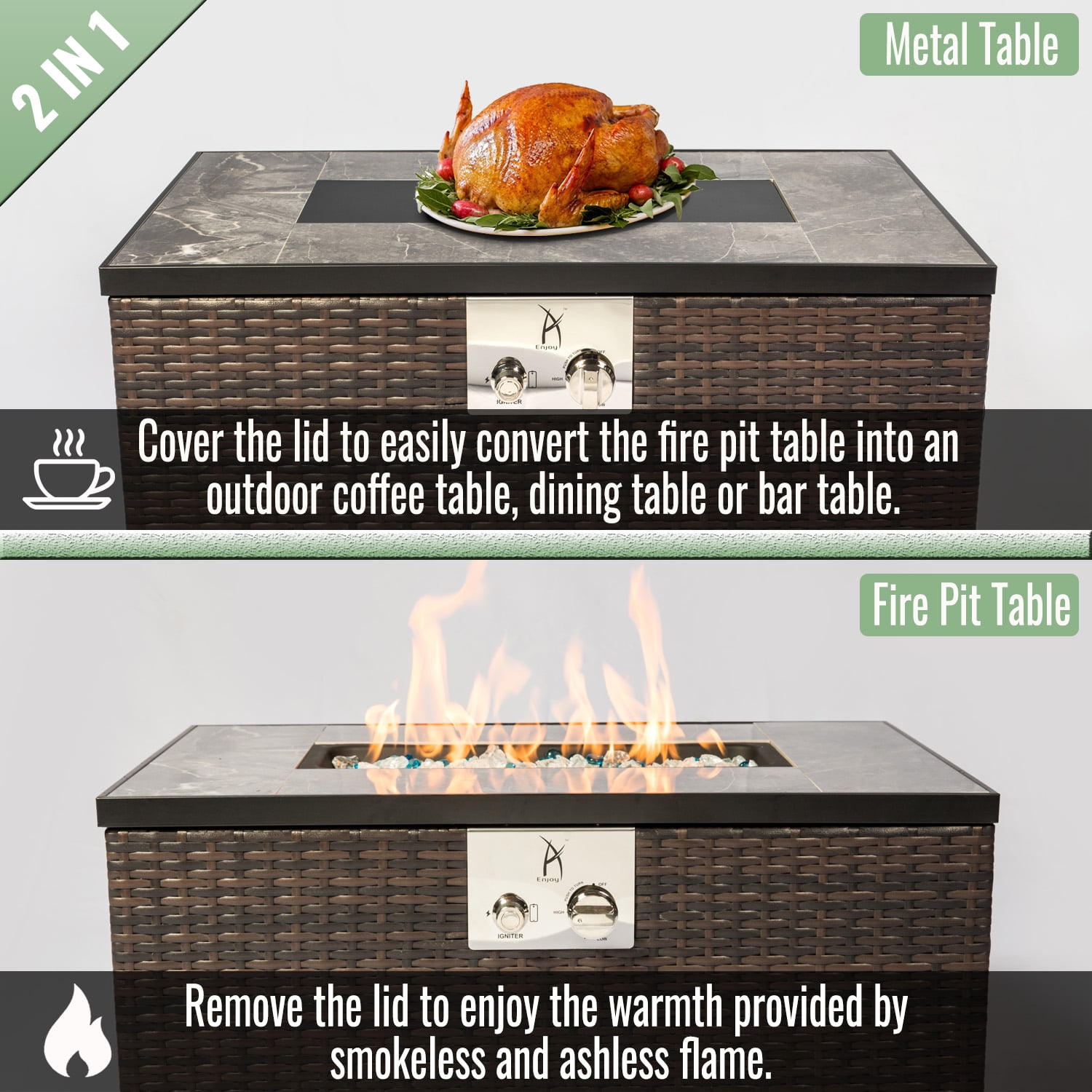 AJ Enjoy 32'' Propane Fire Pit Table, Marble Textured Ceramic Tabletop, 50,000 BTU Fire Table with Brown Wicker, Mix Color Glass Rocks, Including Lid&Cover