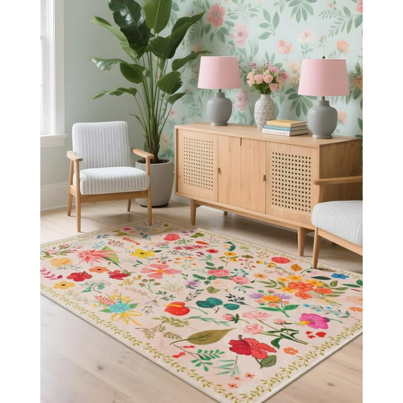 Alfombra CRYPTOLITE Boho, lavable, 120 x 180 cm, color beige floral