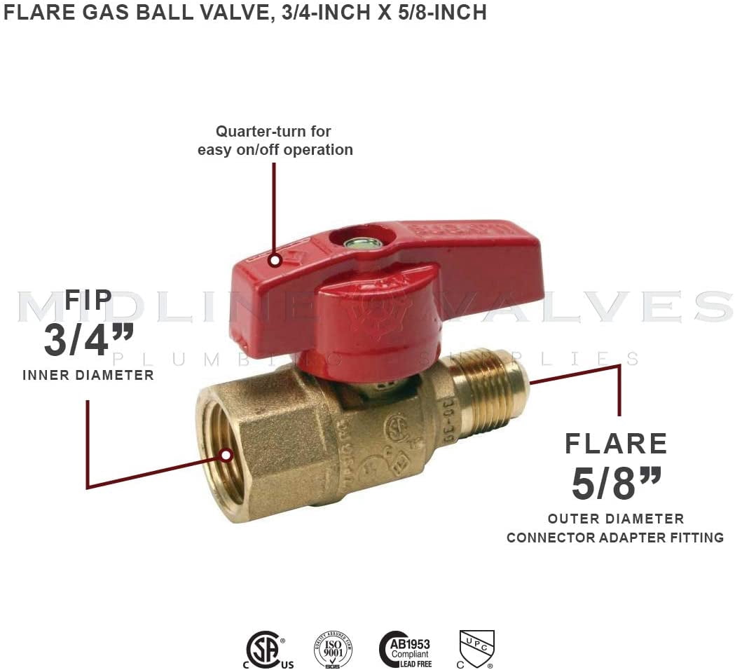 Midline Valve LxF3458GAS-5 Premium Brass Gas Ball Valve, with 5/8 in. x 3/4 in. Flare x FIP Connections (Pack of 5)