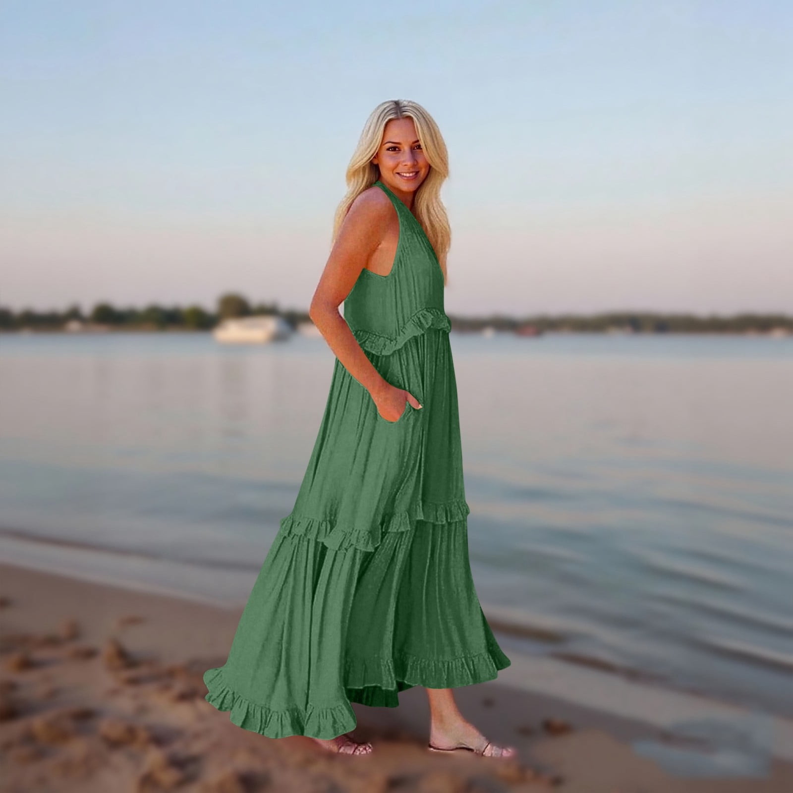 LTTVQM Womens Spring Dresses Flowy Sleeveless Maxi Dress Beach Vacation V Neck Ruffle Tiered Sundresses Tea Party Long Dress with Pocket Green L - Walmart.com