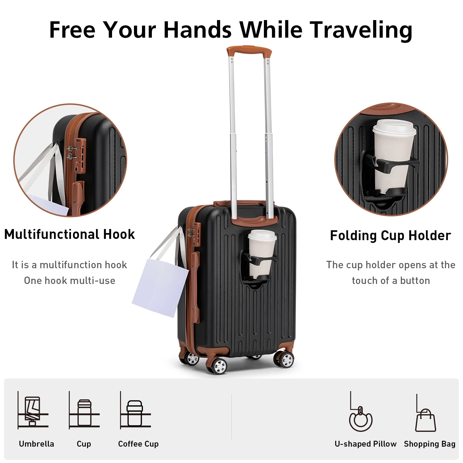 WEPLUS Hardside Carry on Luggage 3 Piece Luggage Sets TSA Lock Spinner Wheels 20" Suitcase with Cup Holder