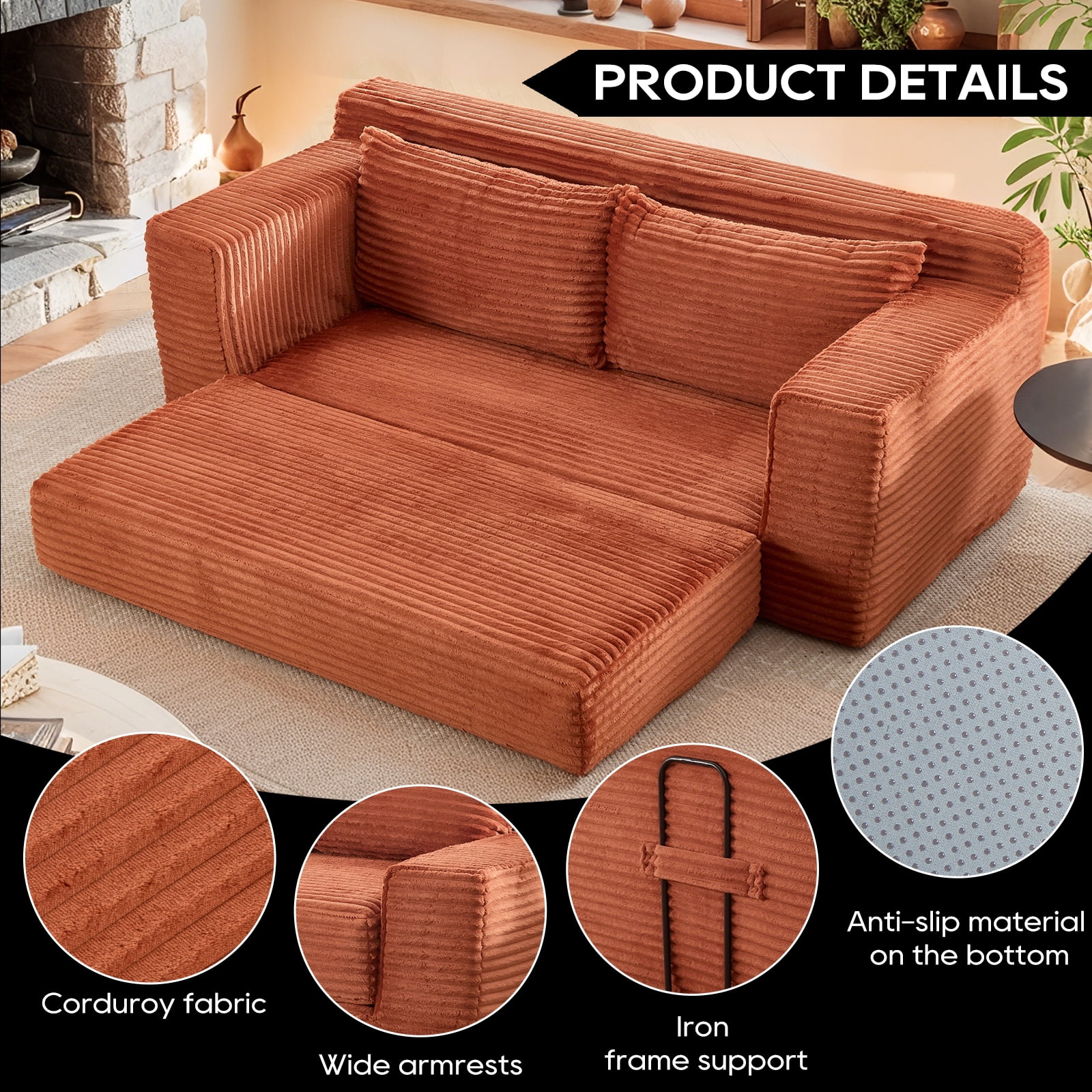 Leumius Convertible Loveseat Compression Sofa for Living Room,Corduroy 2 Seater Couch Memory Foam Sofa for Small Spaces,Apartments,Office,Orange