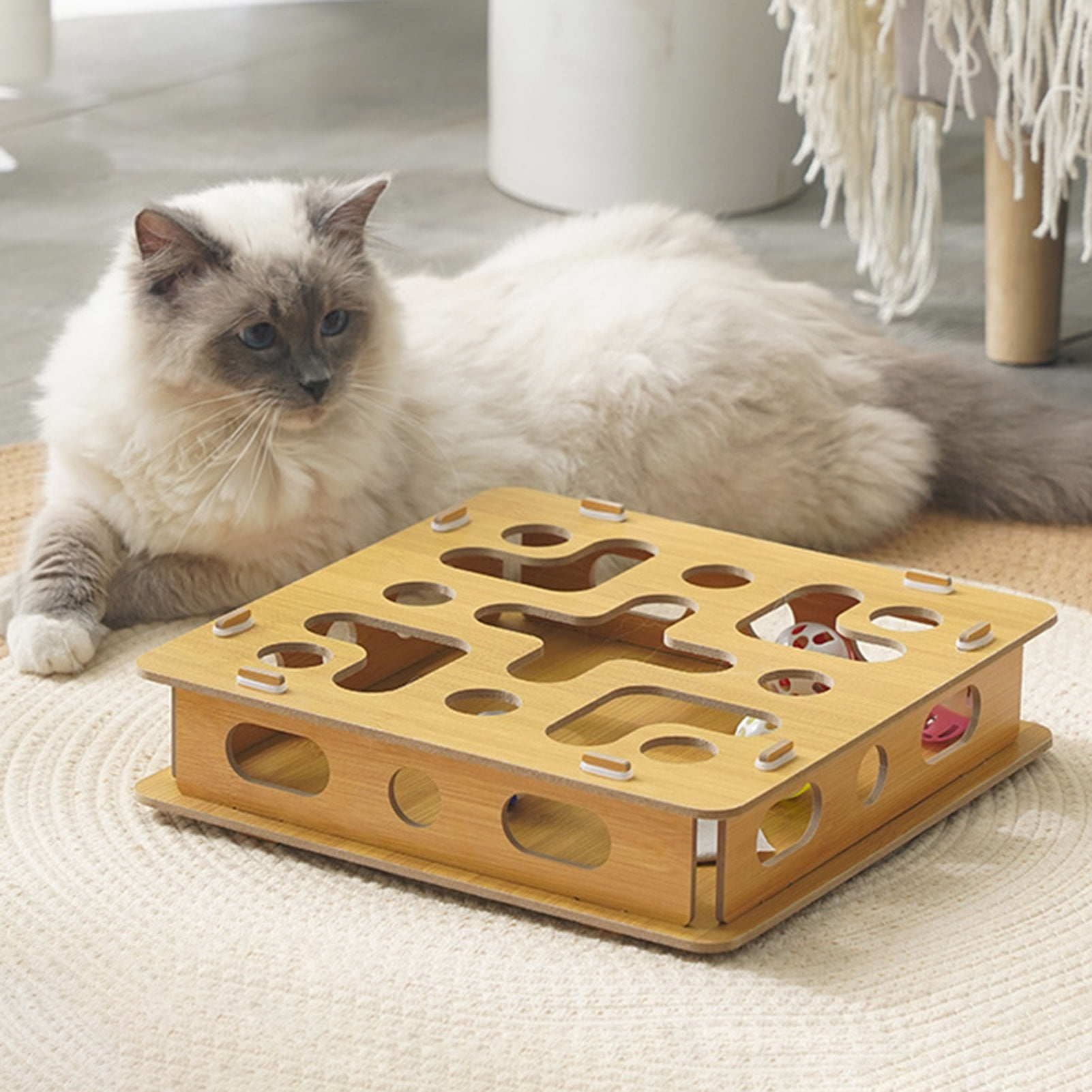 YIFAEUX Cat Enrichment Maze Box Nail File Box with 4 Bell Balls Interactive Puzzle Toy Scratch Enrichment Box Improves Intelligence Reduces Boredom for Indoor Cats