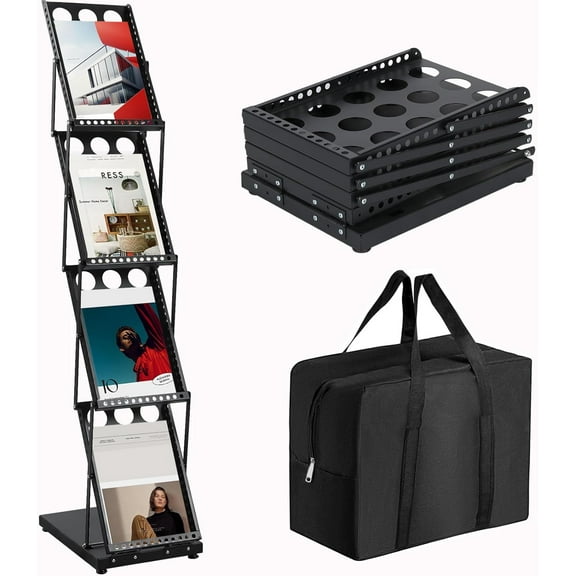 Brochure Display Stand Foldable Magazine Rack, Metal Brochure Holder Literature Rack with Carrying Bag, 4 Pockets Literature Stand for Exhibition Trade Show and Office Retail Store, Black