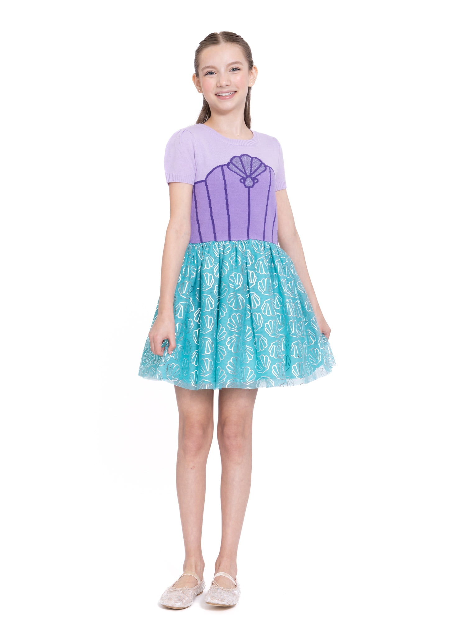 Girls Disney Princess The Little Mermaid Ariel Cosplay Short Sleeve Sweater Dress, Sizes 4-12